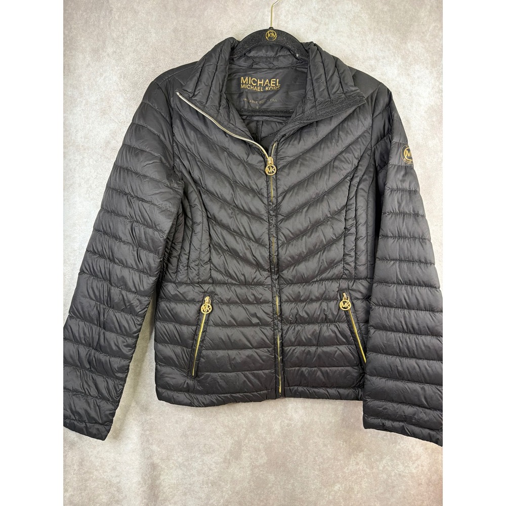 Michael Michael Kors Puffer Jacket Womens Small Black Packable Down Chevron Zip